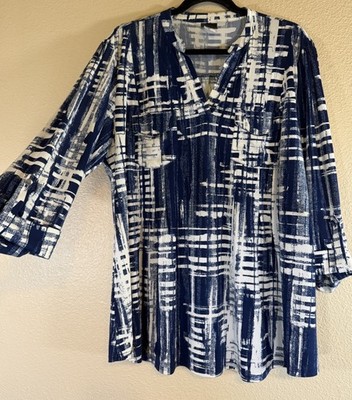 j.t.b. Plus 2X Tunic Top V Neck Blue White Roll-Tab Sleeve