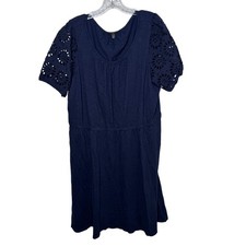 Talbots Plus 2X Navy Blue Eyelet Sleeve Cotton Modal Knit Dress Short Sleeve