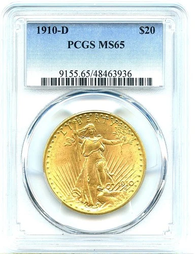 1910-D $20 Saint Gaudens Gold Double Eagle, PCGS MS65, Flashy Bright Gold Coin!