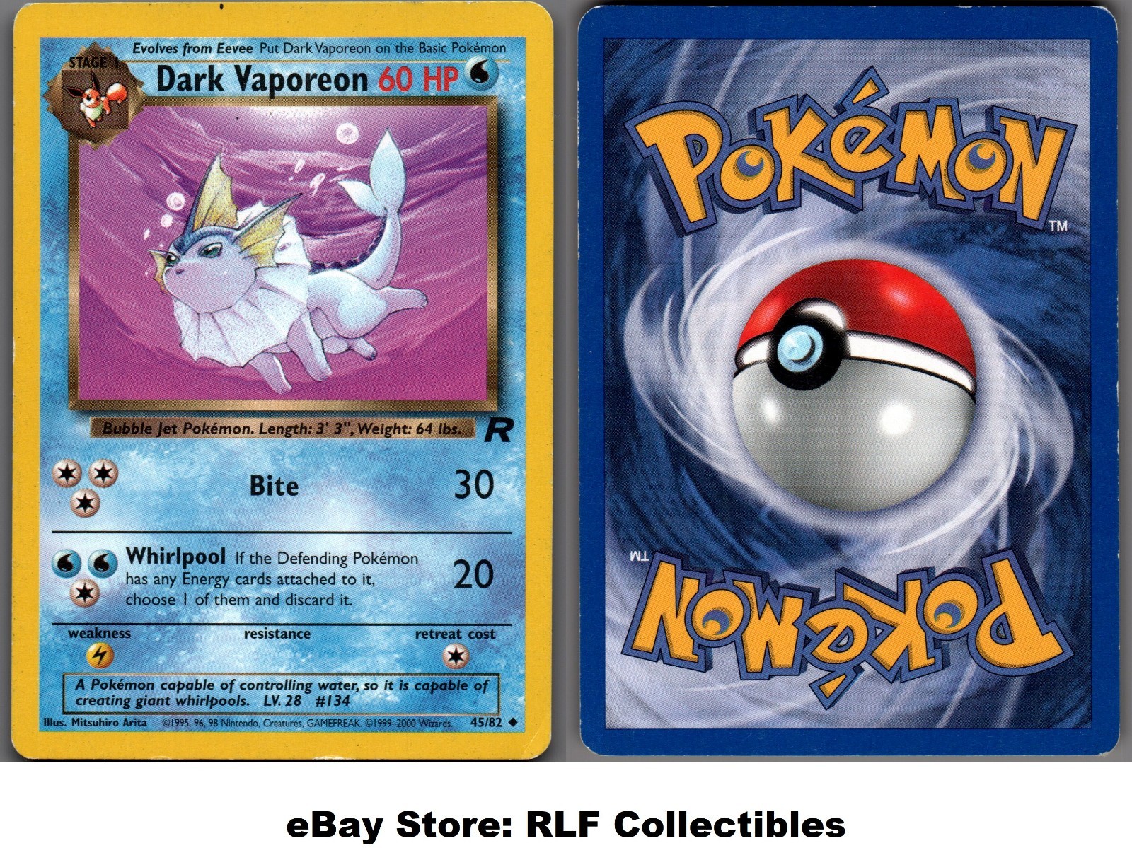 2000 Pokemon, Team Rocket, #45/82 Dark Vaporeon, Uncommon (b)