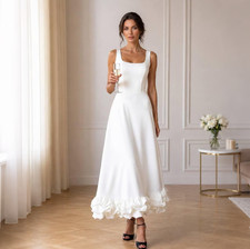 White Square Neck Sleeveless Midi Wedding Dress Ruffle Hem Simple Bridal Gown