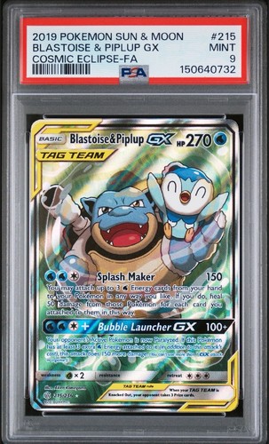 PSA 9 Blastoise & Piplup GX #215 - Pokemon Cosmic Eclipse Full Art