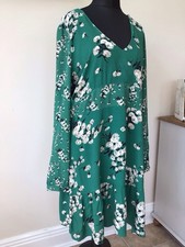 Image of OASIS SIZE 18 GREEN PRINT V NECK LONG SLEEVE FLIPPY HEM A LINE DRESS NEW