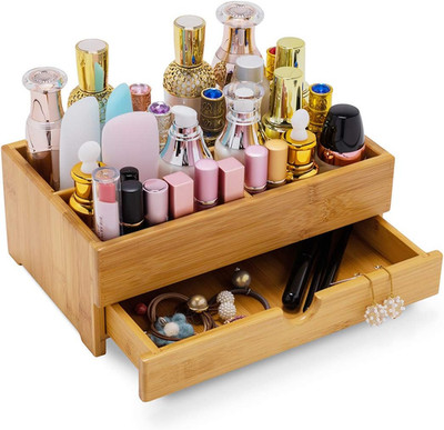 Makeup Storage Drawer Organizer Bamboo Wood Cosmetic Display Box, Large Capacity