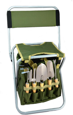 Garden Tool Set 10Pc, Gardening Kit w Tote Folding Stool Seat