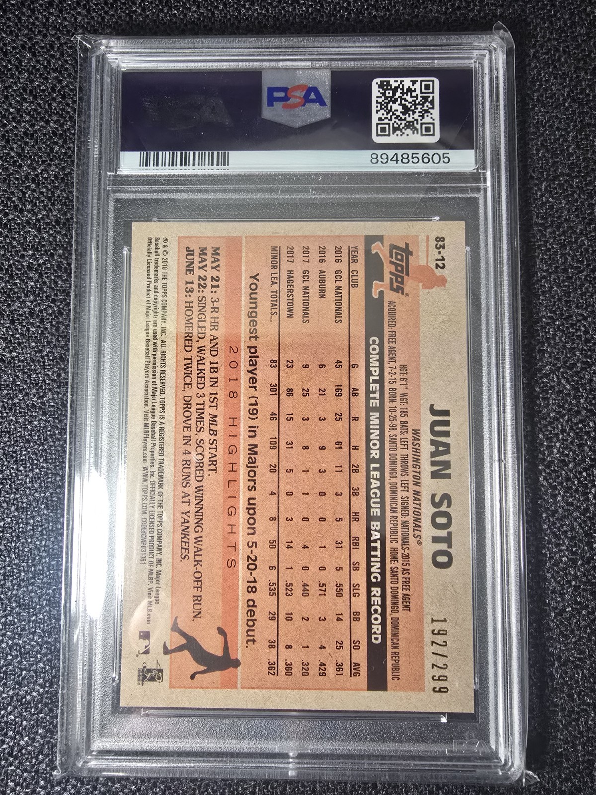 2018 topps update #83-12 juan soto rc; black 222/299 rookie variation PSA 8 view 2