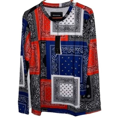 Reason Patchwork Bandana Look Long Sleeve T-Shirt size Large E4 Red Blue