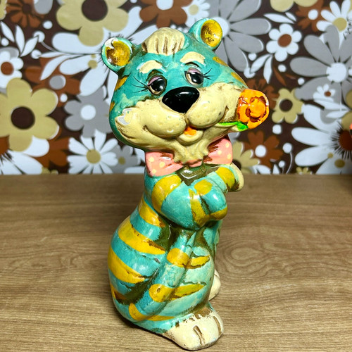 Vintage Groovy Psychedelic Tiger Coin Bank Retro Japan MCM Paper Mache 60s 70s