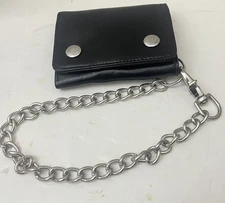 black leather trifold biker or trucker chain wallet with snap closure