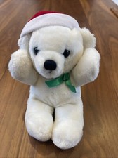 VTG Dakin White Christmas Teddy Bear PLUSH Santa HAT Green Bow RATTLE 1986 8"  