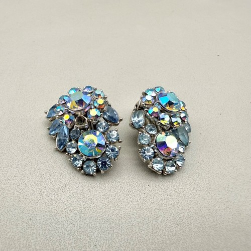 CROWN TRIFARI Earrings Clip On Silver Tone Blue AB Rhinestone MISSING ONE STONE
