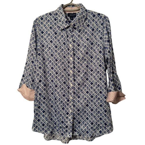 Westbound Womens Wrinkle Free 100% Cotton Blue & White Geometric Print Button-Up