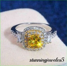 2.40CT Cushion Cut Real Citrine 14K 2-Tone Gold FN Halo Engagement Wedding Ring