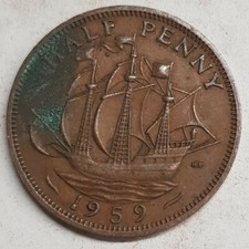 Old Coin 1959 Ship Halfpenny British