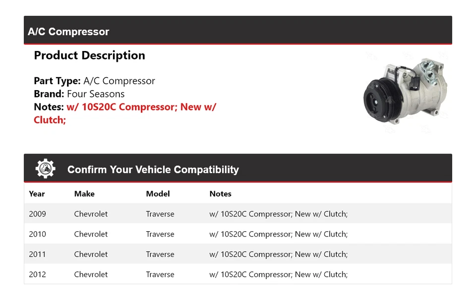 Compresor de aire acondicionado Chevrolet Traverse 2009-2012 4 estaciones 2010 2011 Foto 2 de 4