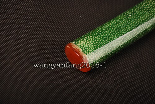 Green Rayskin Wrapped Wooden Saya Sheath For Japanese Katana Sword Horn Fittings - Picture 5 of 7