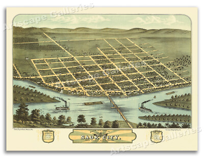 Sauk City Wisconsin 1870 Historic Panoramic Town Map - 20x28