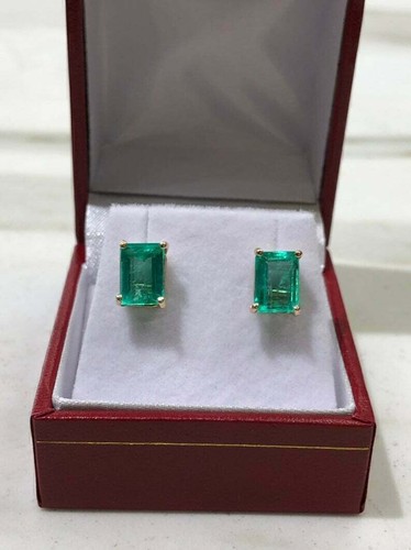 14k Yellow Gold 2CT Emerald Cut Natural Green Emerald Dainty Gift Stud Earrings - Picture 9 of 13