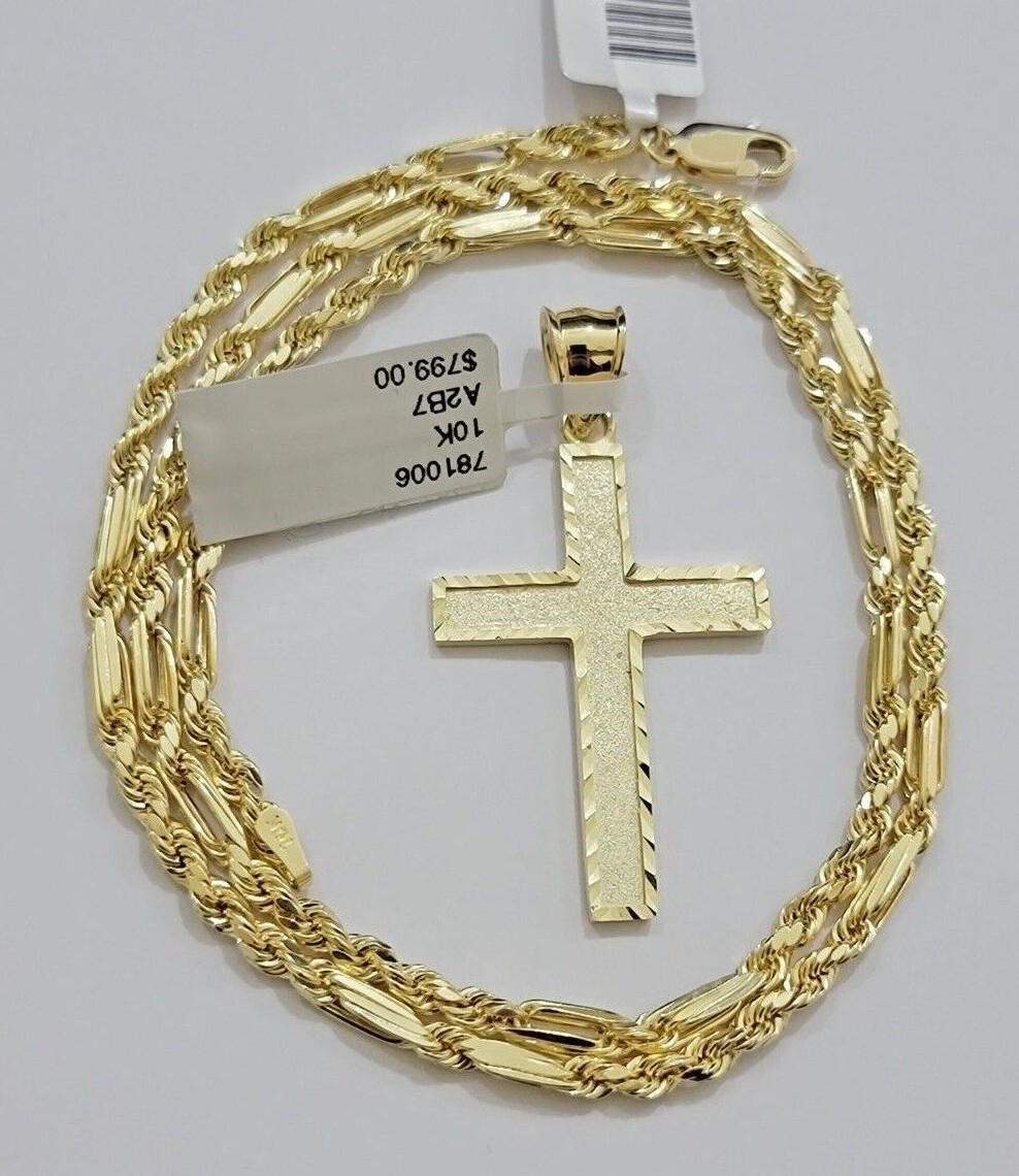 10k Gold Milano Rope Chain Plain Cross Charm Pendant Set 18-24