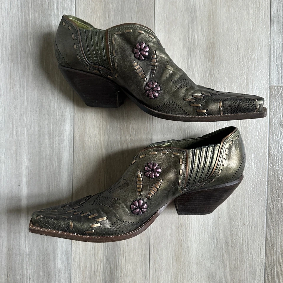 Y2K BCBGirl Botines de Cuero Metálicos para Mujer 9 Western Boho Festival Puntera Cuadrada Foto 2 de 4