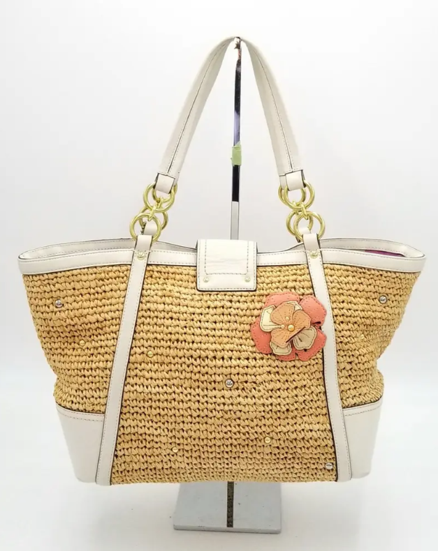 Coach Straw Floral Embellished Zip Top Bag W/Leather Trim & Turn