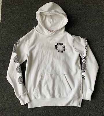 Deus Ex Machina Defacto Hoodie Mens Medium White Pullover DXM Records NY