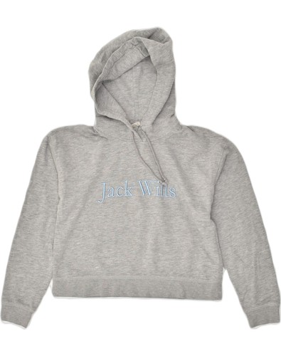 JACK WILLS Womens Crop Graphic Hoodie Jumper UK 6 XS  Grey Cotton KF04 - Picture 1 of 3