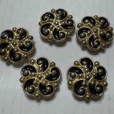 SET Lot 5 Button Covers Black Enamel Gold Tone Floral Vtg Scroll Preppy Fancy