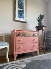 Harris Lebus Vintage Chest of Drawers Painted In Pink Coral & Decoupage
