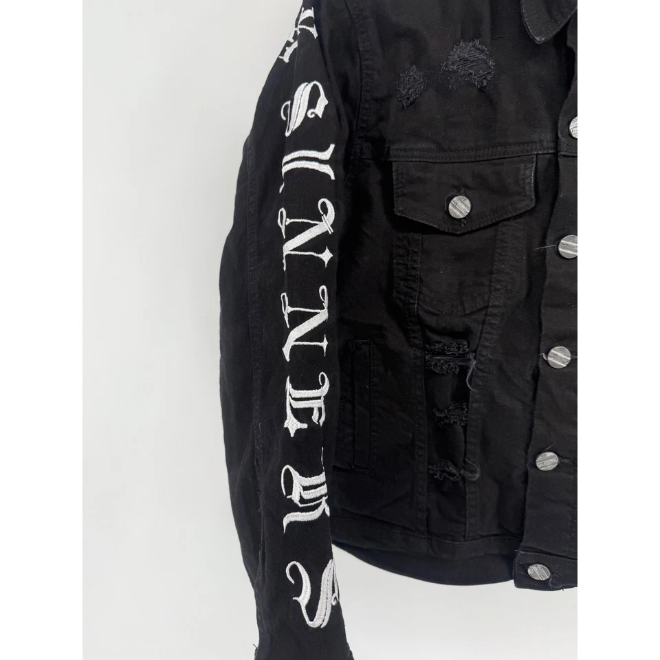 Conjunto de chaqueta y jeans denim negros FWRD DENIM desgastados rasgados "SINNERS SAINTS" Foto 4 de 4