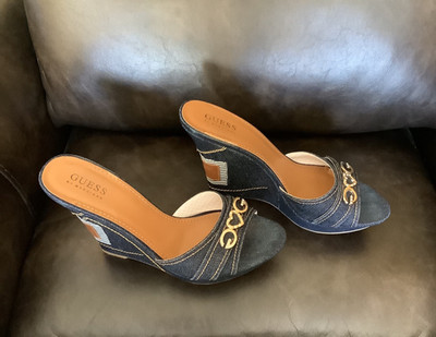 Guess By Marciano Blue Denim 5  Wedge Heels 9M Mules - Slight Wear