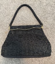 Vintage Black Micro-Beaded Evening Bag Gold Detail Hand Made in HongKong Classic