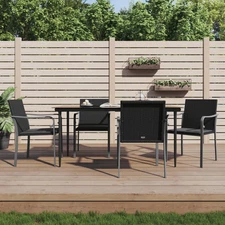 Garden Dining Set Black Poly Rattan, Steel, Tempered Glass, Polyester