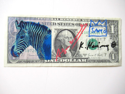 C) A. WARHOL/K. HARING/J. M.BASQUIAT: 1$ BANKNOTE 3x SIGNIERT, POSTST. 20.01.87