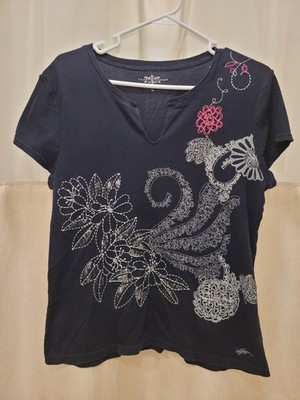Tommy Hilfiger Women's T-Shirt XL Black with White and Pink Floral Design