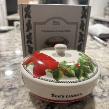 See's Candies Ceramic 5.5'' Holly Christmas Covered Candy Dish