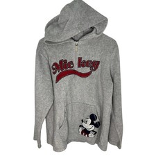 Vtg Disney Men's Large " Mickey" Mouse Quarter Zip Grey Pullover Hooded Jacket