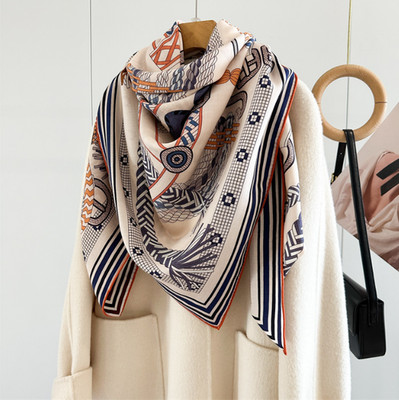 70% Cashmere 30% Silk Beige totem Print Neckerchief Scarf Bandana 53'' Shawl new