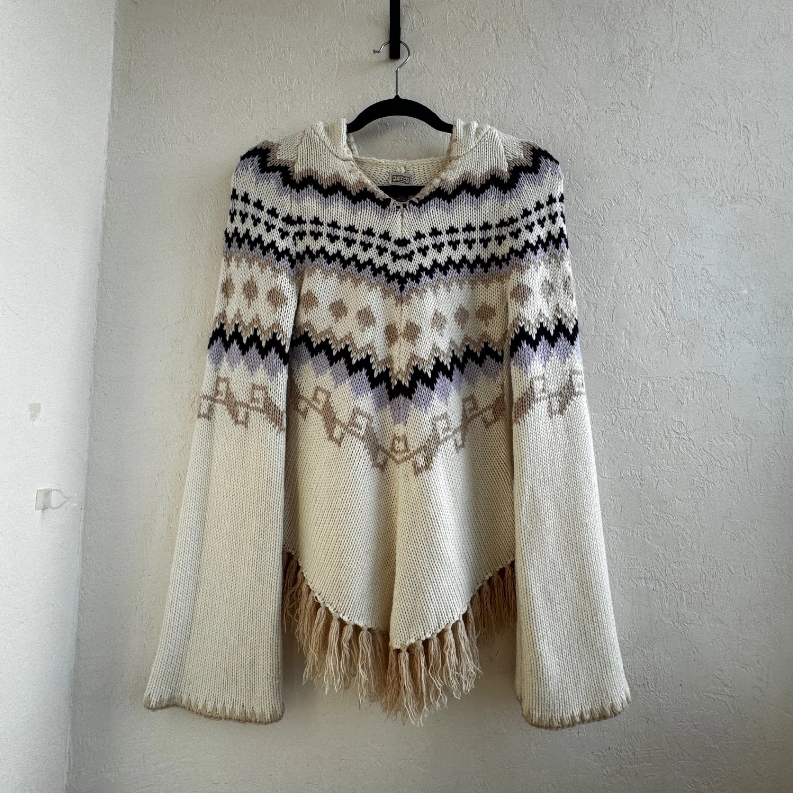 Vintage 90s Arizona Jean Co Boho Western Poncho Sz M Sweater Hooded Tassel White