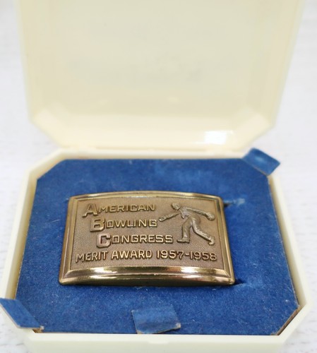Vintage 1957-1958 American Bowling Congress Merit Award Brass Belt Buckle w Case