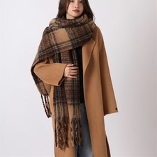 Oversized Soft Cashmere Feel Plaid Blanket Scarf Wrap Camel Brown Black