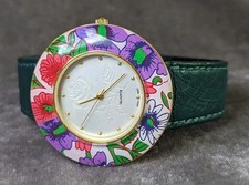 Beautiful Flower Themed Women's 42mm Gold Tone Quartz Watch Green Leather Bands