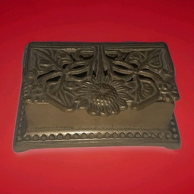 Antique Art Nouveau Brass Stamp Box Floral Sunflower Desktop Organizer Holder