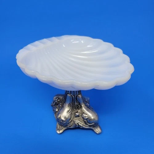 Vintage Milk Glass Shell Trinket Soap Dish Ornate Silver Tone Footed Pedestal
