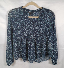 Banana Republic Womens XXS Petite Navy Green Floral Pintuck Sheer Blouse Top