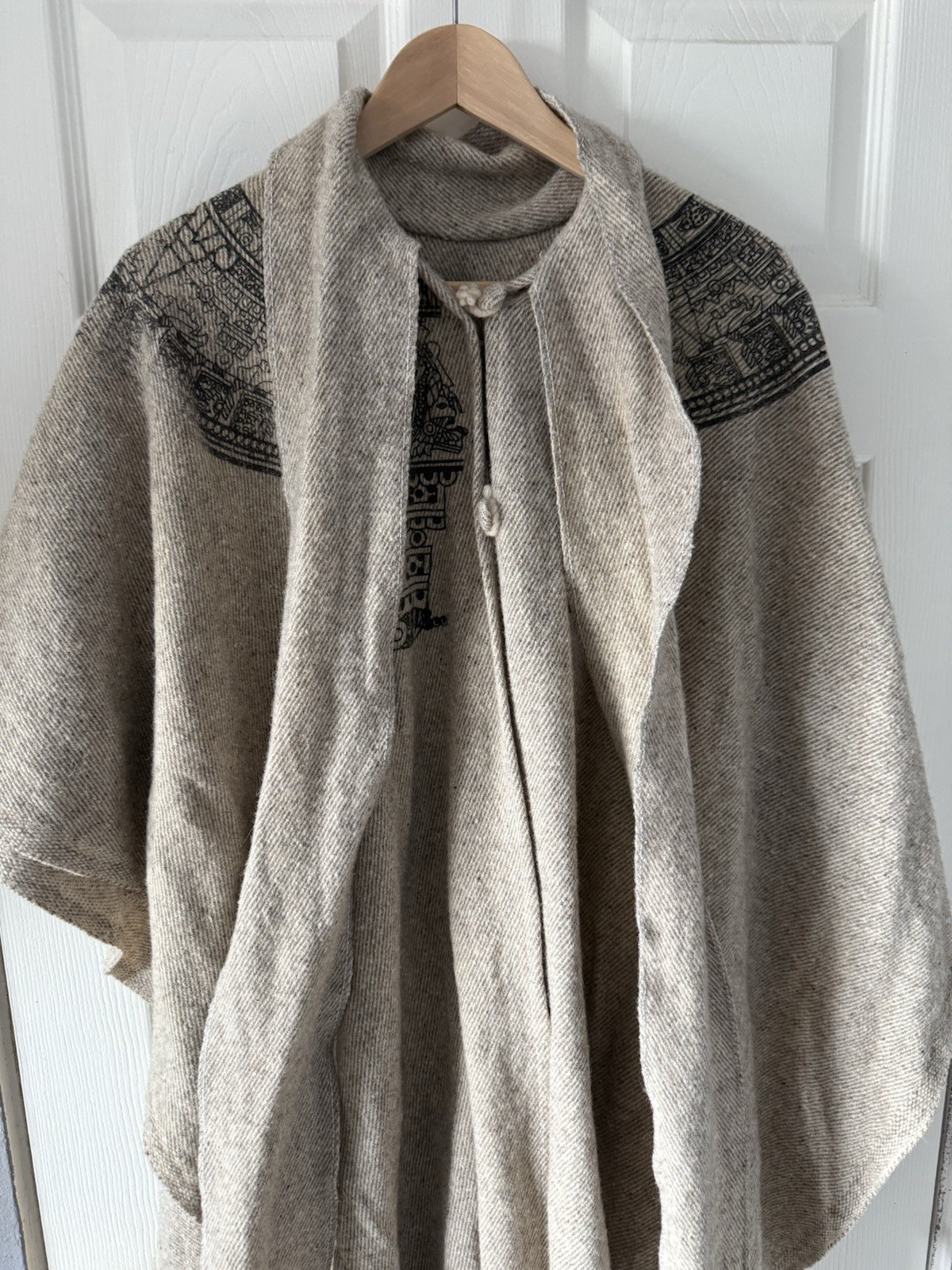 Beige Aztec Patterned Cape Collared Button Fringe… - image 1