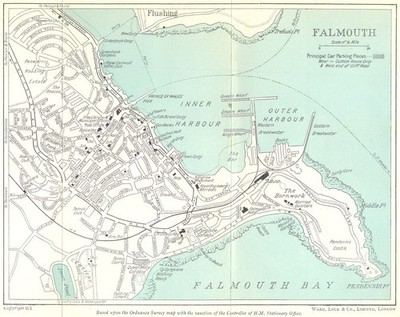 FALMOUTH Vintage Stadtplan. Cornwall. WARD LOCK um 1955 alte Vintage Karte