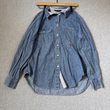 VTG 90S TOMMY HILFIGER Sz 10 DENIM USA FLAG CREST LOGO SHIRT BIGGIE HIP HOP OG