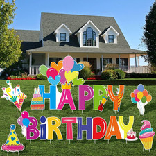URATOT 10 Pieces Happy Birthday Lawn Yard Signs with Stakes Colorful Outdoor Bir