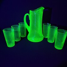 1920s Federal Glass Corded Optic Green Uranium Lemonade Set Pitcher & 6 Glasses